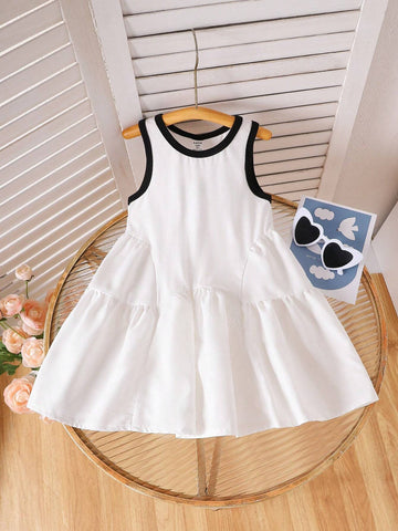 Kids Girls Casual Sleeveless Patchwork Ruffled Hem Dress