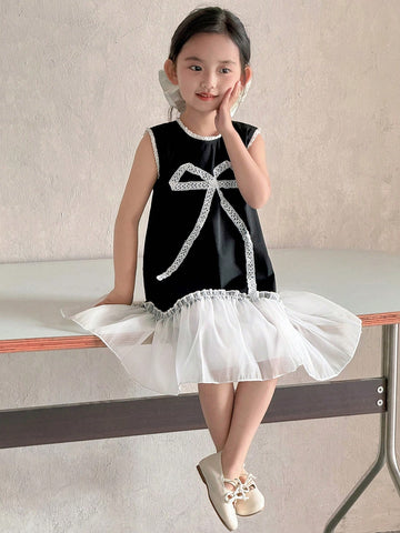 Kids Girls White Lovely Lace Trim Paired With Black Comfortable Top, Fashion Bow Decor Net Mesh Patchwork Cute Dress