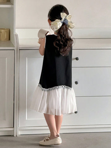 Kids Girls White Lovely Lace Trim Paired With Black Comfortable Top, Fashion Bow Decor Net Mesh Patchwork Cute Dress