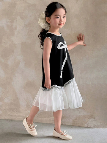 Kids Girls White Lovely Lace Trim Paired With Black Comfortable Top, Fashion Bow Decor Net Mesh Patchwork Cute Dress