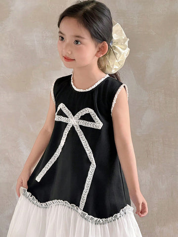 Kids Girls White Lovely Lace Trim Paired With Black Comfortable Top, Fashion Bow Decor Net Mesh Patchwork Cute Dress