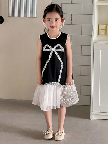 Kids Girls White Lovely Lace Trim Paired With Black Comfortable Top, Fashion Bow Decor Net Mesh Patchwork Cute Dress