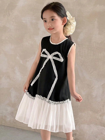 Kids Girls White Lovely Lace Trim Paired With Black Comfortable Top, Fashion Bow Decor Net Mesh Patchwork Cute Dress