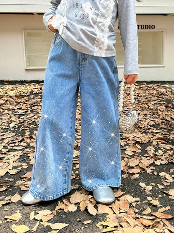 Genkimix Kids Girls Rhinestone Embellished Loose Fit Straight Leg Jeans