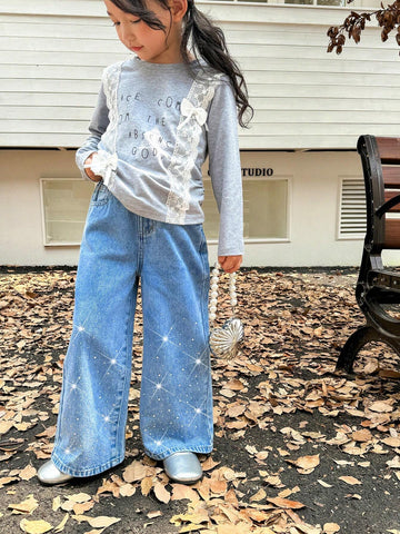 Genkimix Kids Girls Rhinestone Embellished Loose Fit Straight Leg Jeans