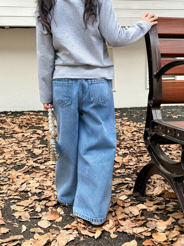 Genkimix Kids Girls Rhinestone Embellished Loose Fit Straight Leg Jeans