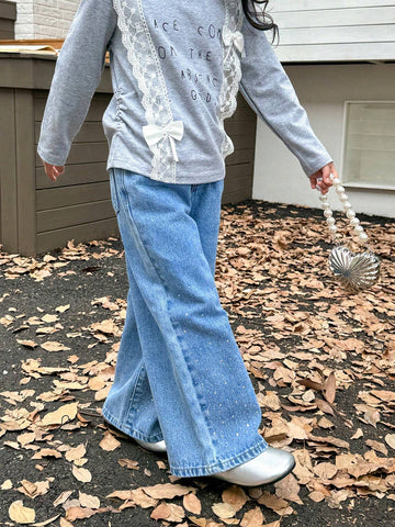 Genkimix Kids Girls Rhinestone Embellished Loose Fit Straight Leg Jeans