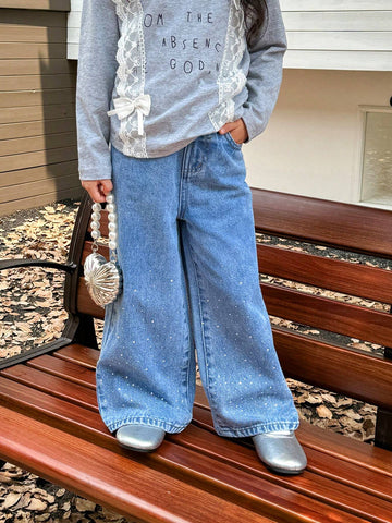 Genkimix Kids Girls Rhinestone Embellished Loose Fit Straight Leg Jeans