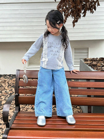 Genkimix Kids Girls Rhinestone Embellished Loose Fit Straight Leg Jeans