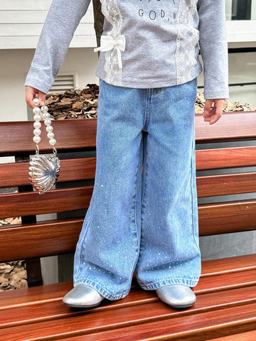 Genkimix Kids Girls Rhinestone Embellished Loose Fit Straight Leg Jeans