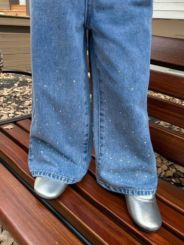 Genkimix Kids Girls Rhinestone Embellished Loose Fit Straight Leg Jeans