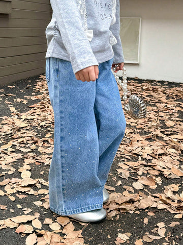 Genkimix Kids Girls Rhinestone Embellished Loose Fit Straight Leg Jeans