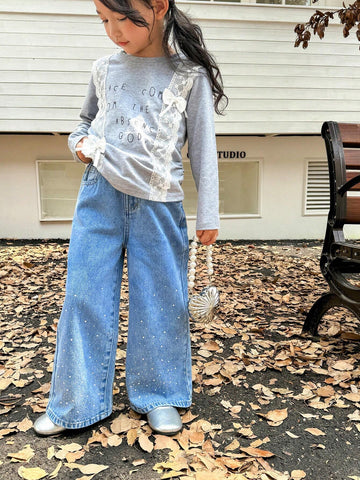 Genkimix Kids Girls Rhinestone Embellished Loose Fit Straight Leg Jeans