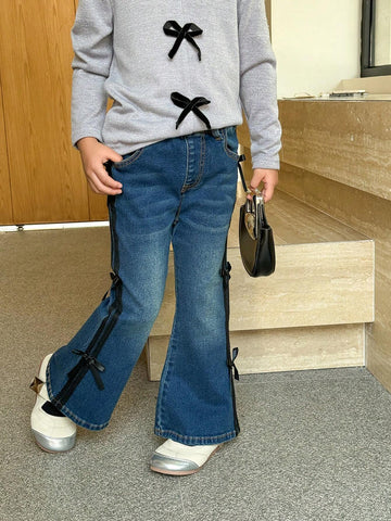 Kids Girls (Size Small) New Casual Fashion Elastic Fitted Jeans With Bowknot Decor, Washed Dark Blue Flared Jeans