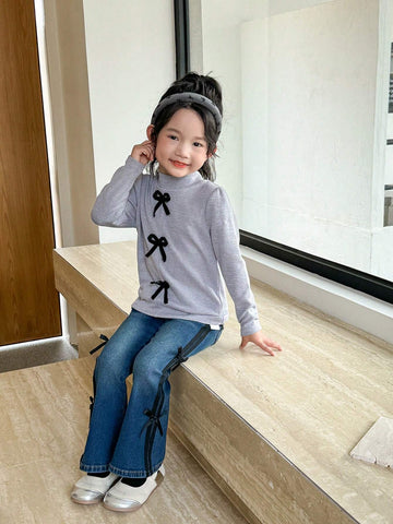 Kids Girls (Size Small) New Casual Fashion Elastic Fitted Jeans With Bowknot Decor, Washed Dark Blue Flared Jeans