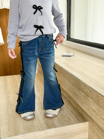 Kids Girls (Size Small) New Casual Fashion Elastic Fitted Jeans With Bowknot Decor, Washed Dark Blue Flared Jeans
