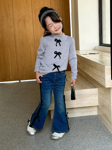 Kids Girls (Size Small) New Casual Fashion Elastic Fitted Jeans With Bowknot Decor, Washed Dark Blue Flared Jeans