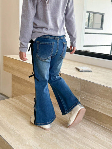 Kids Girls (Size Small) New Casual Fashion Elastic Fitted Jeans With Bowknot Decor, Washed Dark Blue Flared Jeans