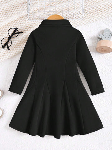 Kids Girls Young Girl Polo Collar Vintage Waisted Dress, High-End High-Quality Stylish A-Line Dress, Collegiate Style Elegant Dress