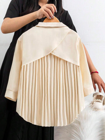 Kids Mother-Daughter Matching Leisure All-Match Elegant Lady Patchwork Pleated Hem Curved Hem Apricot Shirt Dress
