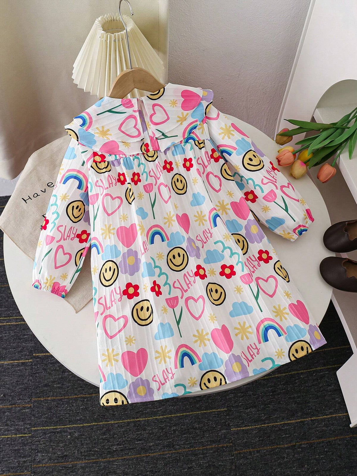 Kids Toddler Girls' Cute Sweet Fun Hand-Drawn Graffiti Pattern Double Layered Peter Pan Collar A-Line Dress, Suitable For Autumn, Winter, Theme Parks, Birthday Parties, Sister Matching Outfits, Parties, Family Travels