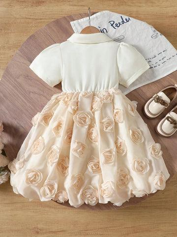 Young Girl Color-Block Short Sleeve Knit Patchwork Ruffle Hem Dress