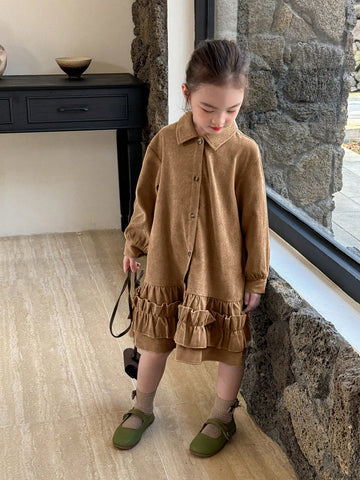 Genkimix Kids Young Girl Elegant Casual Lady Blouse With Ruffle Hem Design, Long Sleeve, Dusty Green Corduroy