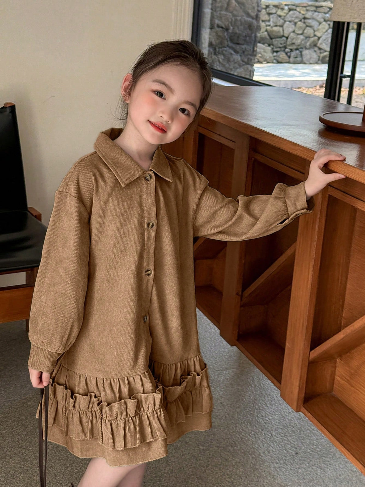 Genkimix Kids Young Girl Elegant Casual Lady Blouse With Ruffle Hem Design, Long Sleeve, Dusty Green Corduroy