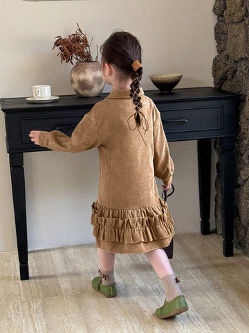 Genkimix Kids Young Girl Elegant Casual Lady Blouse With Ruffle Hem Design, Long Sleeve, Dusty Green Corduroy