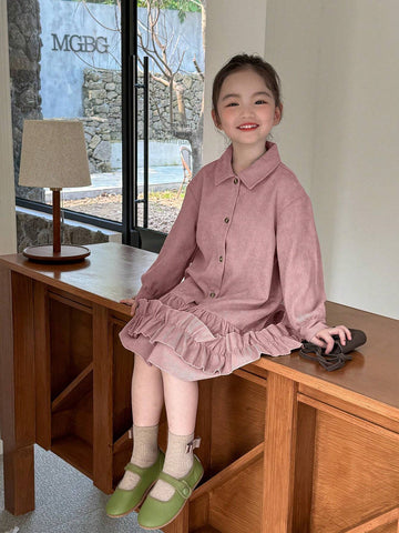 Young Girl Elegant Casual Lady Shirt With Ruffled Hem Design, Long Sleeve Corduroy Dusty Pink Blouse, Suitable For Commuting, Autumn/Winter