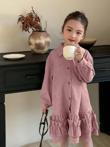 Young Girl Elegant Casual Lady Shirt With Ruffled Hem Design, Long Sleeve Corduroy Dusty Pink Blouse, Suitable For Commuting, Autumn/Winter