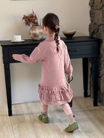 Young Girl Elegant Casual Lady Shirt With Ruffled Hem Design, Long Sleeve Corduroy Dusty Pink Blouse, Suitable For Commuting, Autumn/Winter