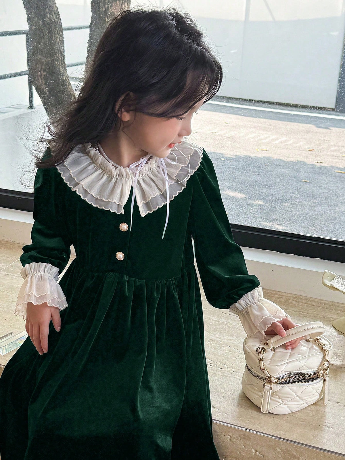 Young Girl Elegant Lady Luxurious Princess French Retro Design White Double Ruffled Collar And Cuffs, Black Velvet Waistline A-Line Long Sleeve Dress
