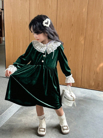 Young Girl Elegant Lady Luxurious Princess French Retro Design White Double Ruffled Collar And Cuffs, Black Velvet Waistline A-Line Long Sleeve Dress