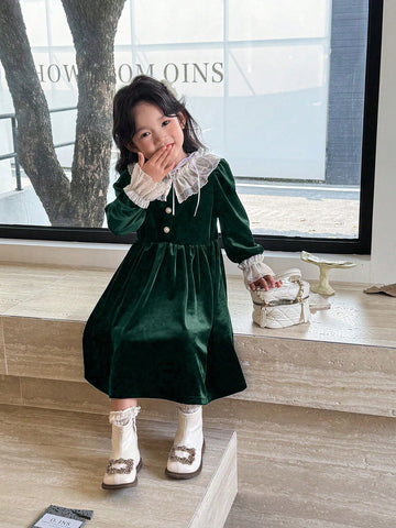Young Girl Elegant Lady Luxurious Princess French Retro Design White Double Ruffled Collar And Cuffs, Black Velvet Waistline A-Line Long Sleeve Dress