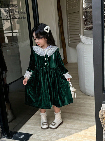 Young Girl Elegant Lady Luxurious Princess French Retro Design White Double Ruffled Collar And Cuffs, Black Velvet Waistline A-Line Long Sleeve Dress