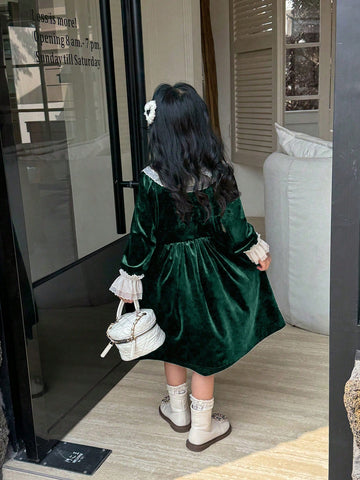 Young Girl Elegant Lady Luxurious Princess French Retro Design White Double Ruffled Collar And Cuffs, Black Velvet Waistline A-Line Long Sleeve Dress