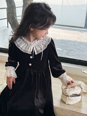 Kids Young Girl Elegant Luxurious Princess Retro French Style White Double Ruffled Collar & Cuff, Black Velvet Waist A-Line Long Sleeve Dress