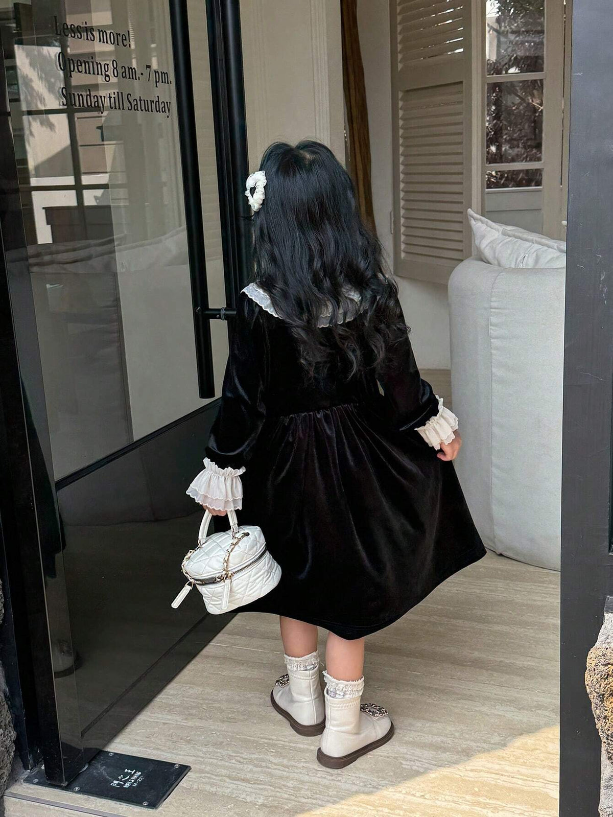 Kids Young Girl Elegant Luxurious Princess Retro French Style White Double Ruffled Collar & Cuff, Black Velvet Waist A-Line Long Sleeve Dress