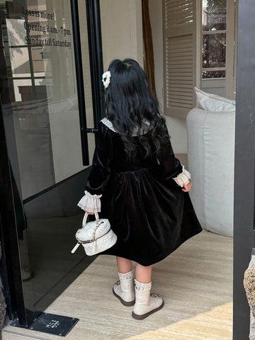 Kids Young Girl Elegant Luxurious Princess Retro French Style White Double Ruffled Collar & Cuff, Black Velvet Waist A-Line Long Sleeve Dress