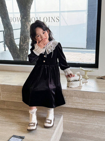 Kids Young Girl Elegant Luxurious Princess Retro French Style White Double Ruffled Collar & Cuff, Black Velvet Waist A-Line Long Sleeve Dress