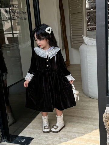 Kids Young Girl Elegant Luxurious Princess Retro French Style White Double Ruffled Collar & Cuff, Black Velvet Waist A-Line Long Sleeve Dress