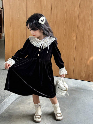 Kids Young Girl Elegant Luxurious Princess Retro French Style White Double Ruffled Collar & Cuff, Black Velvet Waist A-Line Long Sleeve Dress