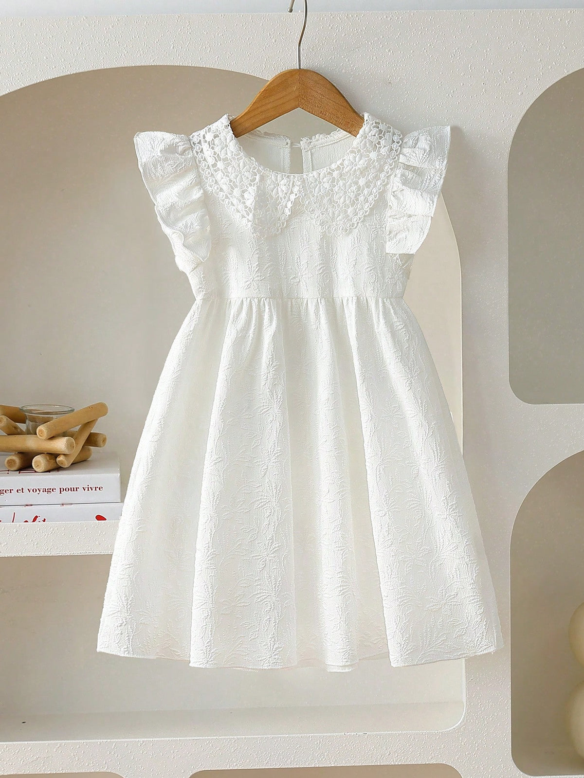 Young Girl Elegant Solid Color Jacquard Textured Cap Sleeve Decor Ruffle Collar High Waist A-Line Princess Dress
