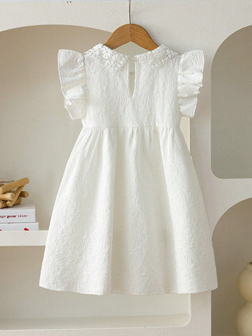 Young Girl Elegant Solid Color Jacquard Textured Cap Sleeve Decor Ruffle Collar High Waist A-Line Princess Dress