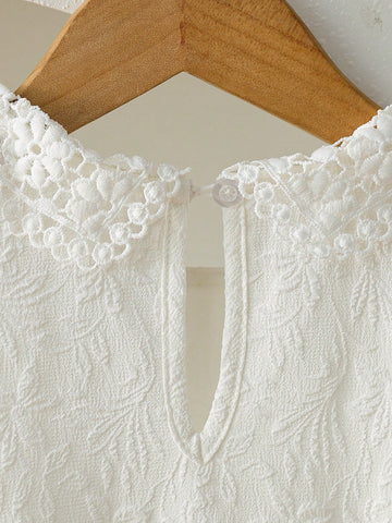 Young Girl Elegant Solid Color Jacquard Textured Cap Sleeve Decor Ruffle Collar High Waist A-Line Princess Dress