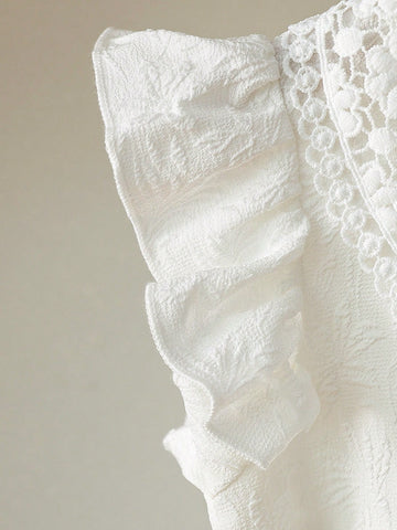 Young Girl Elegant Solid Color Jacquard Textured Cap Sleeve Decor Ruffle Collar High Waist A-Line Princess Dress