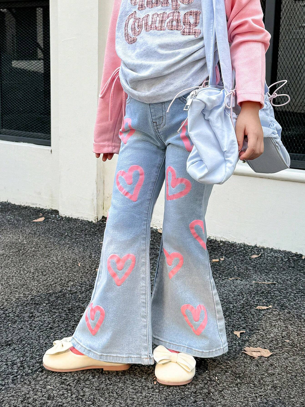 Kids Young Girl Fashion Pink Heart Patterned Flared Jeans