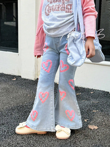Kids Young Girl Fashion Pink Heart Patterned Flared Jeans