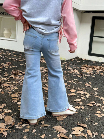 Kids Young Girl Fashion Pink Heart Patterned Flared Jeans
